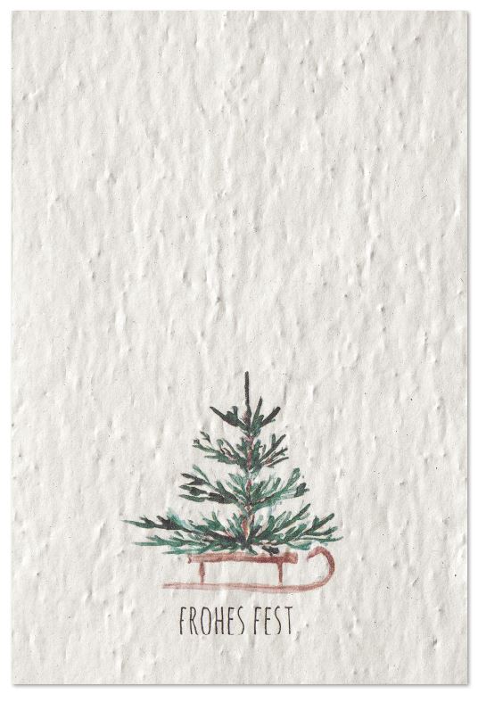 Weihnachtskarte aus Samenpapier zum Einpflanzen mit Tannenbaum auf Schlitten