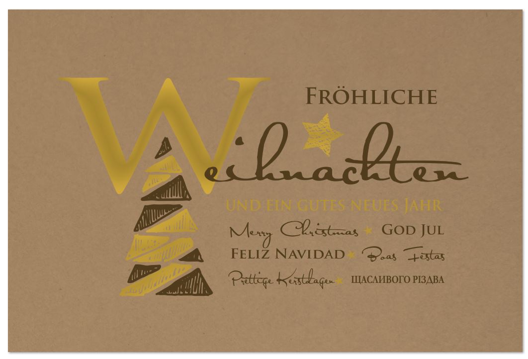 Internationale Weihnachtskarte mit Folienprägung in gold und bronze auf braunem Naturkarton