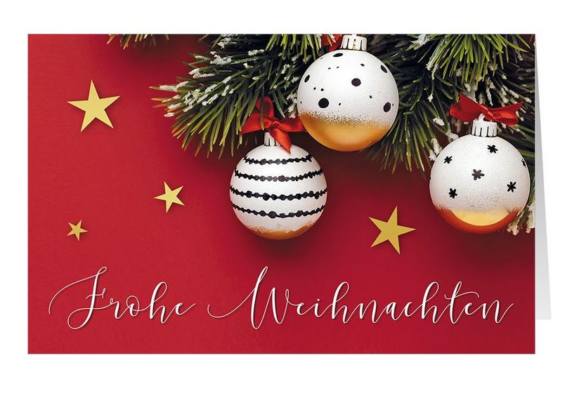 Weihnachtskarte rot mit weiß-schwarzen Weihnachtskugeln, Sternen und Weihnachtsgruß