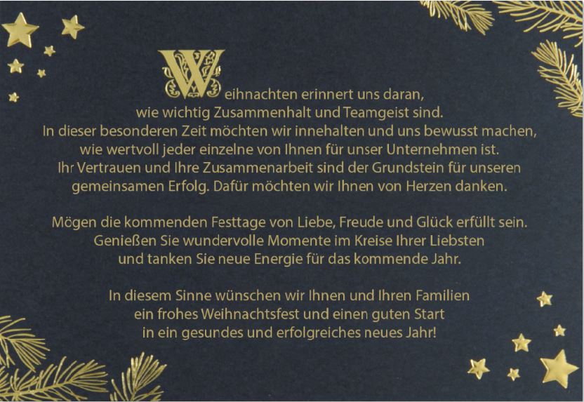 Günstige Weihnachtskarte in dunkelblau mit Dankesworten und Weihnachtsgrüße für Mitarbeiter und Angestellte