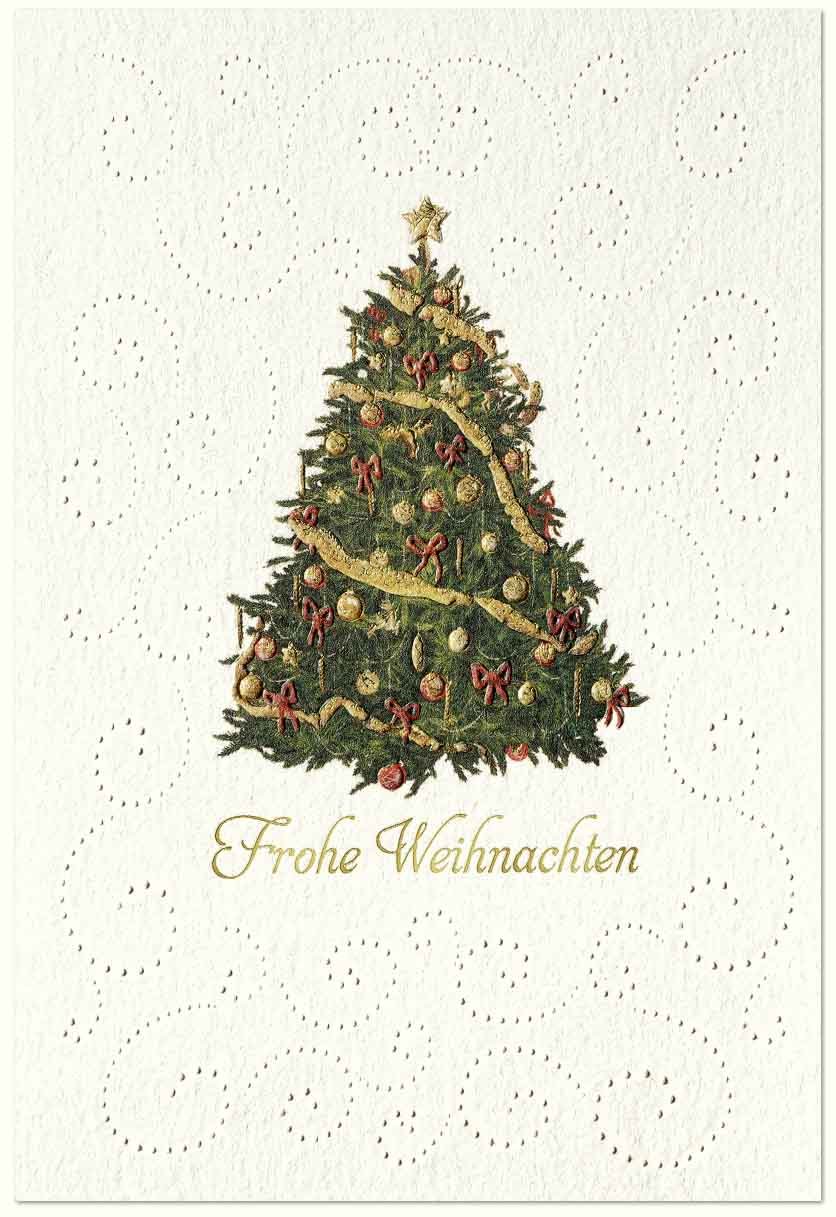 Traditionelle Weihnachtskarte mit üppig geschmücktem Weihnachtsbaum und "Frohe Weihnachten"