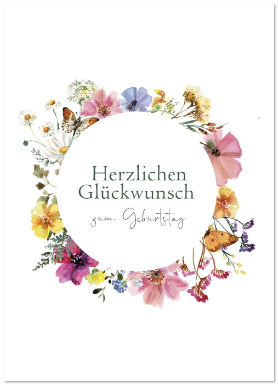 Glückwunschkarte zum Geburtstag mit bunten Blumen und Schmetterlingen im Aquarellprint 