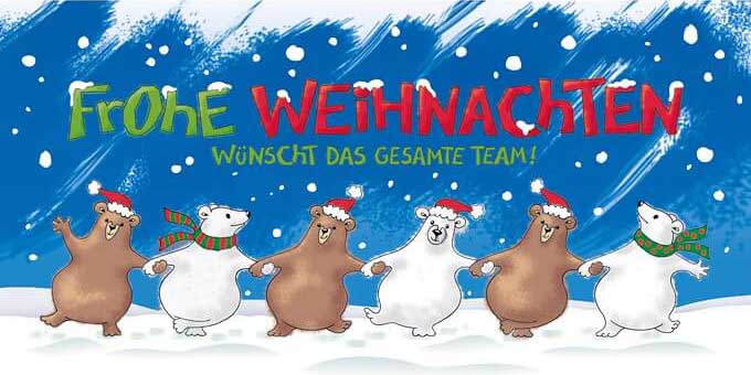 Witzige Team-Weihnachtskarte mit Bären beim Tanzen und Grüßen vom Team, DIN lang