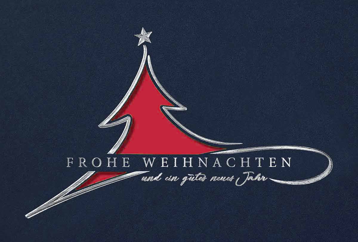 Stanz-Weihnachtskarte in blau mit rotem Einleger und edler Silberfolienprägung