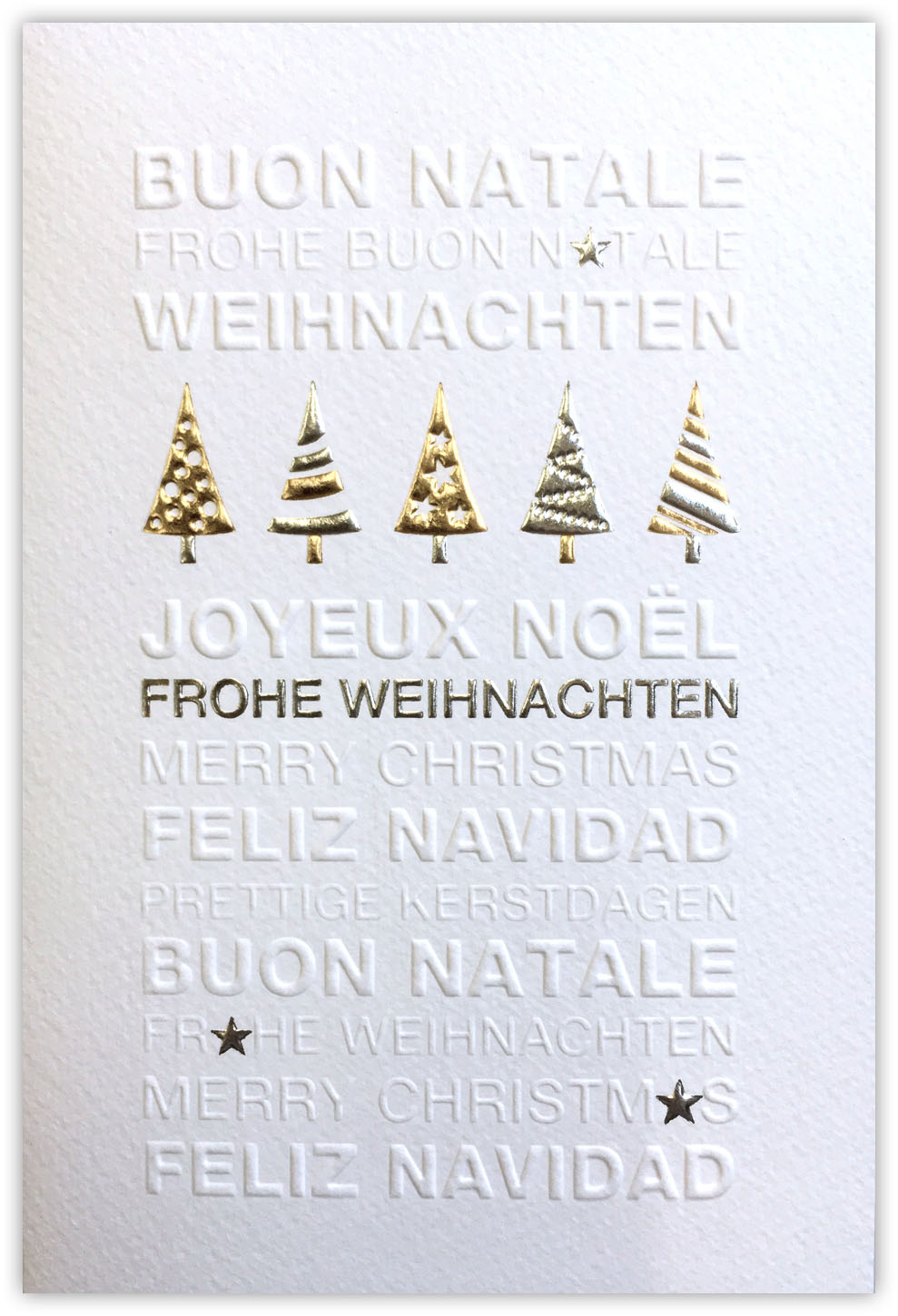 Weiße Weihnachtskarte mit Relief- und Folienprägung von internationalen Grüßen