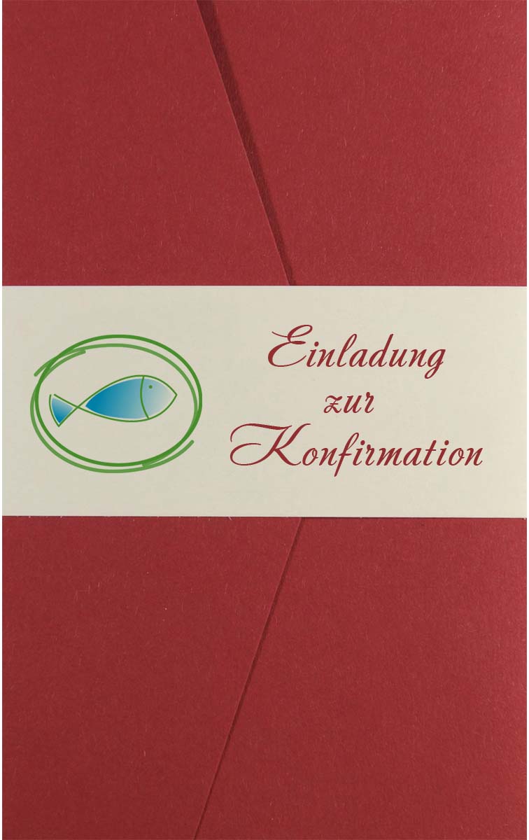 Pocket-Brief Konfirmation Einladungskarte aus bordeauxrotem und cremeweißem Designkarton.