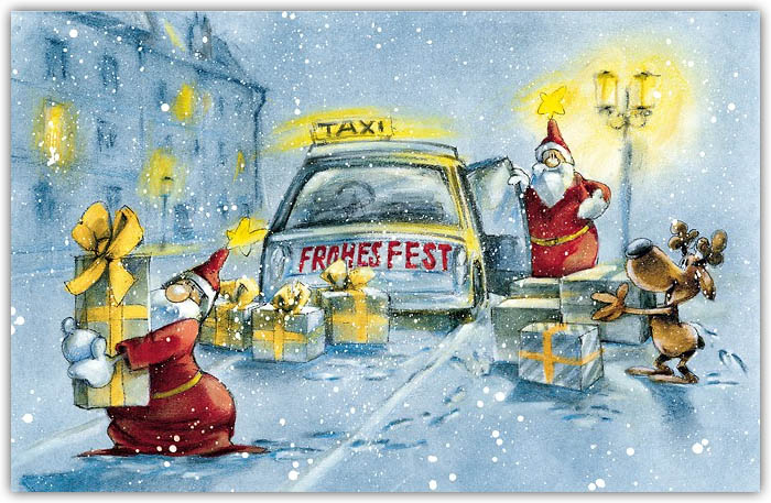 Branchen Weihnachtskarte für Taxi-Unternehmen, Motiv Nikolaus mit vielen Weihnachtspäckchen