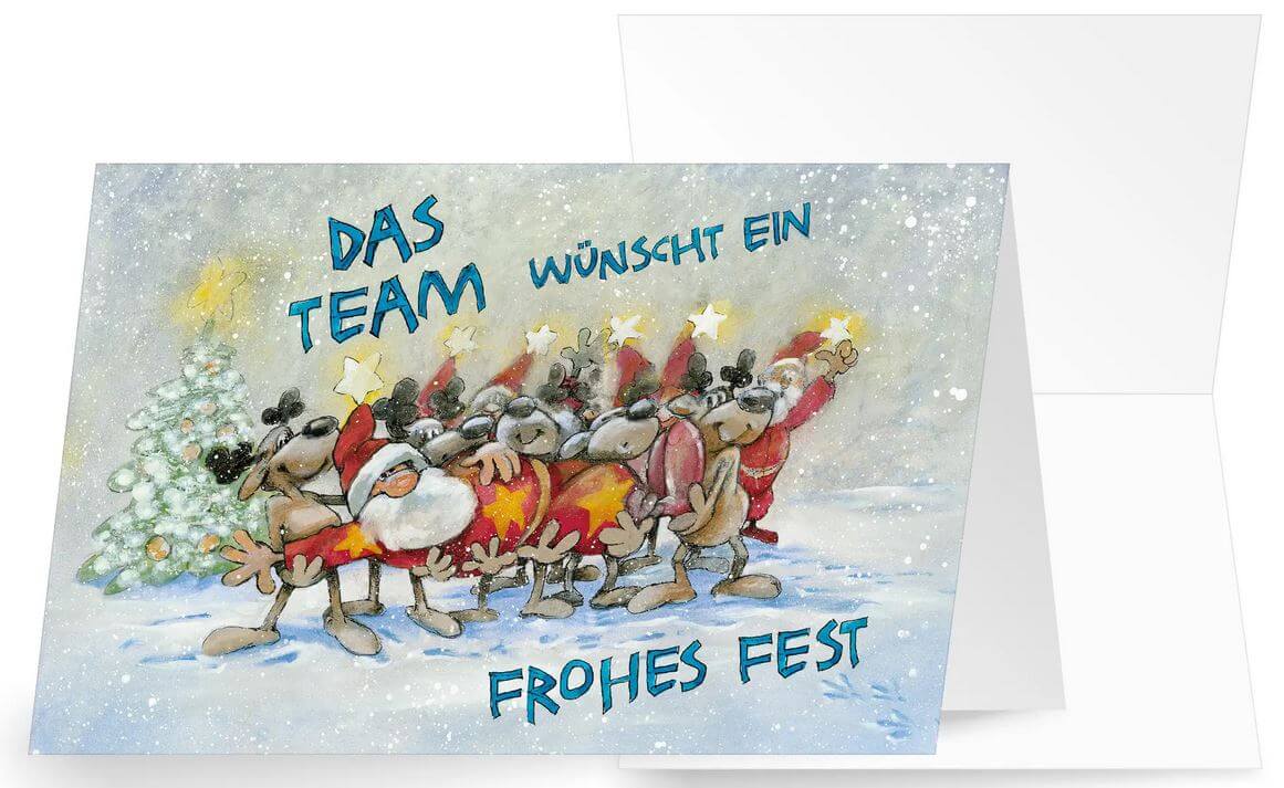 Lustige Firmenweihnachtskarte "Von uns allen" mit Teamgruß von Weihnachtsmännern und Rentier