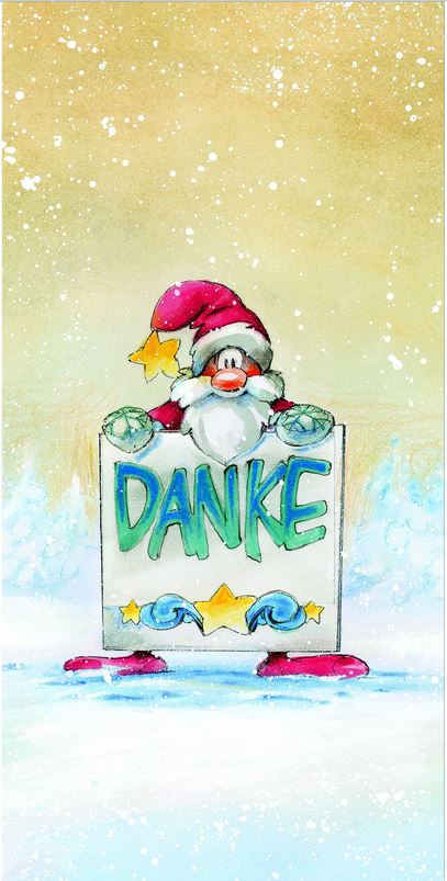 Weihnachtliche Dankeskarte mit dem Weihnachtsmann und einem Schild mit "Danke"