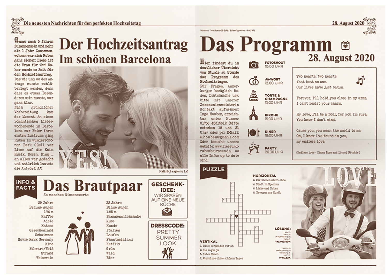 Einladungskarte als Hochzeits-Zeitschriift mit eigenen Bildern und eigenem Text