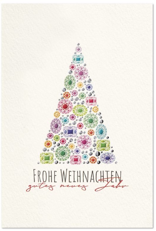 Moderne Weihnachtskarte in weiß mit kunterbuntem Weihnachtsbaum und Weihnachtsgrüßen