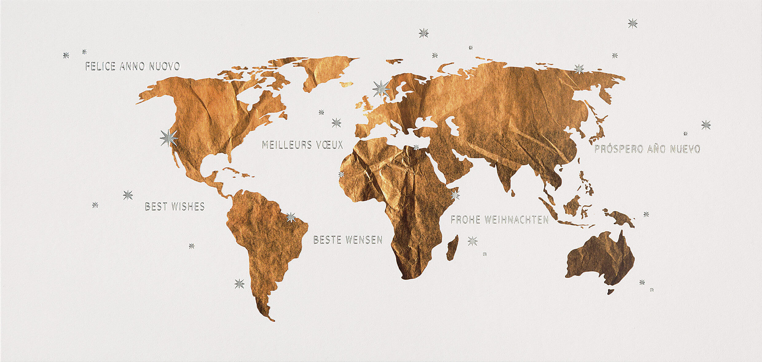 Internationale Weihnachtskarte mit Weltkarte und silberner Folienprägung im DIN lang Format