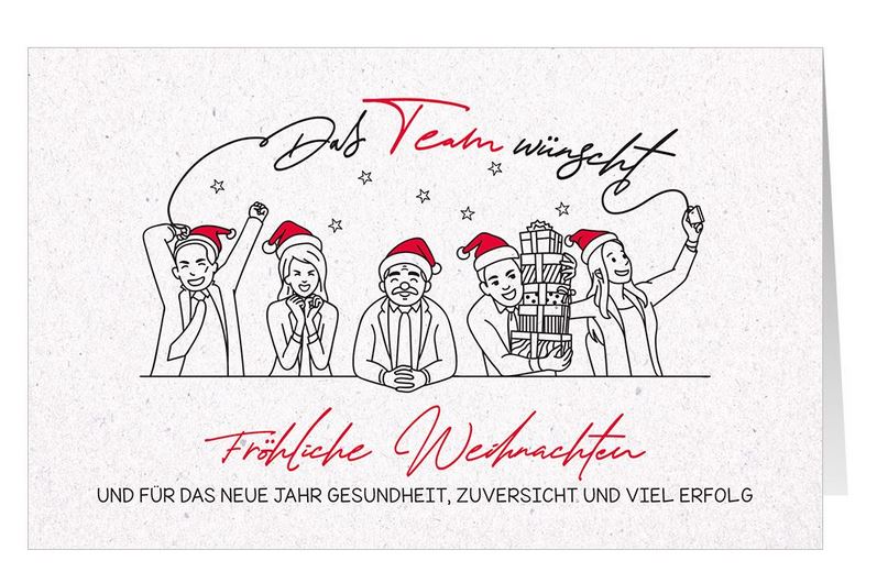 Firmenweihnachtskarte mit fröhlichem Team, roten Weihnachtsmützen und Geschenken