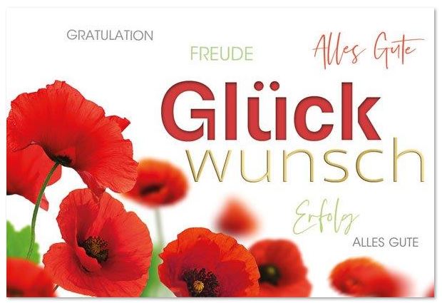 Glückwunschkarte mit wunderschönen, roten Mohnblumen, Formstanzung und Goldfoliendruck