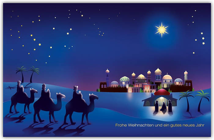 Christliche Weihnachtskarte mit Hl. drei Königen in der Heiligen Nacht