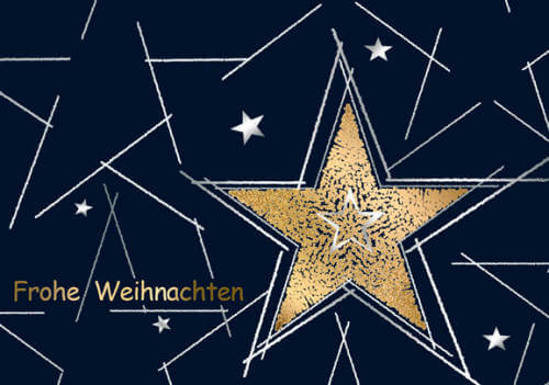 Dunkelblaue Weihnachtskarte mit goldenem Stern und "Frohe Weihnachten"