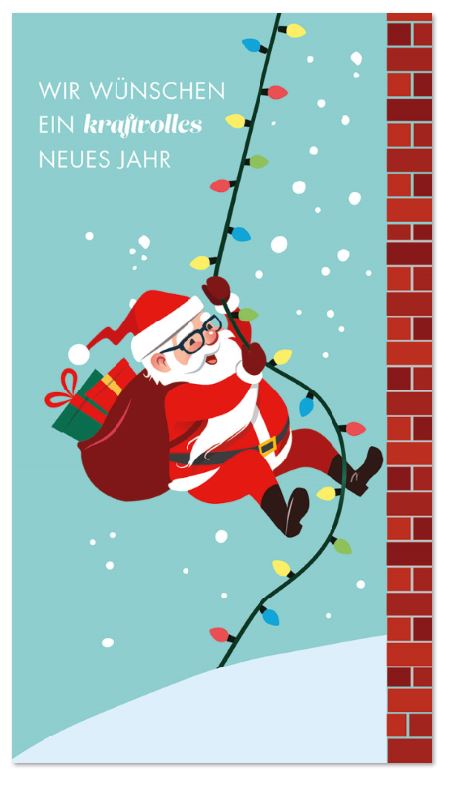 Humorvolle Neujahrskarte mit dem Weihnachtsmann an einer bunten Lichterkette im praktischen Kleinformat