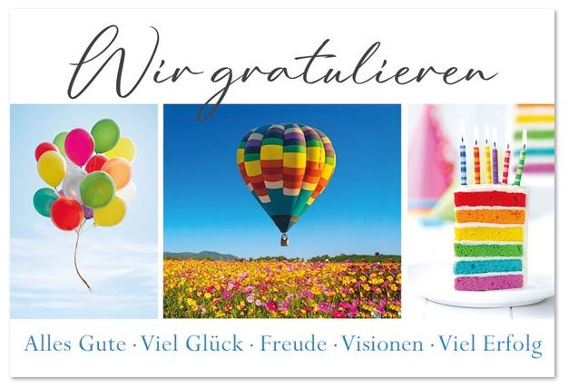 Farbenfrohe Firmenglückwunschkarte mit Luftballons, Heißluftballon und buntem Kuchen mit Kerzen