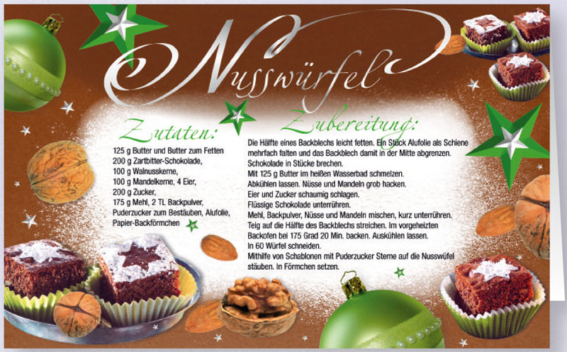 Duftende Rezept-Weihnachtskarte für leckere Nusswürfel