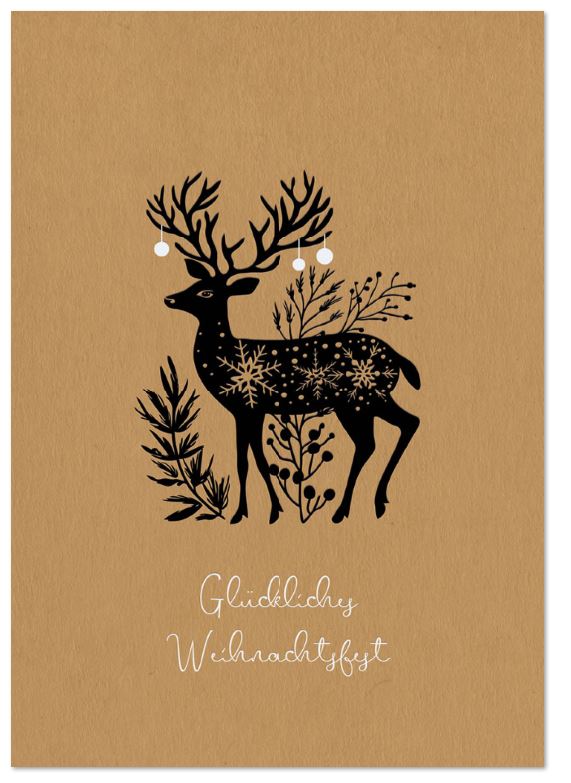 Naturbraune Weihnachtskarte aus Kraftkarton mit prächtigem Hirsch und "Glückliches Weihnachtsfest"