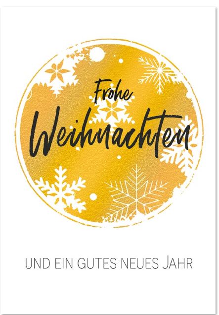 Weiße Weihnachtskarte mit Eiskristallen im goldenen Kreis und weihnachtlichen Grüßen, inkl. Einleger