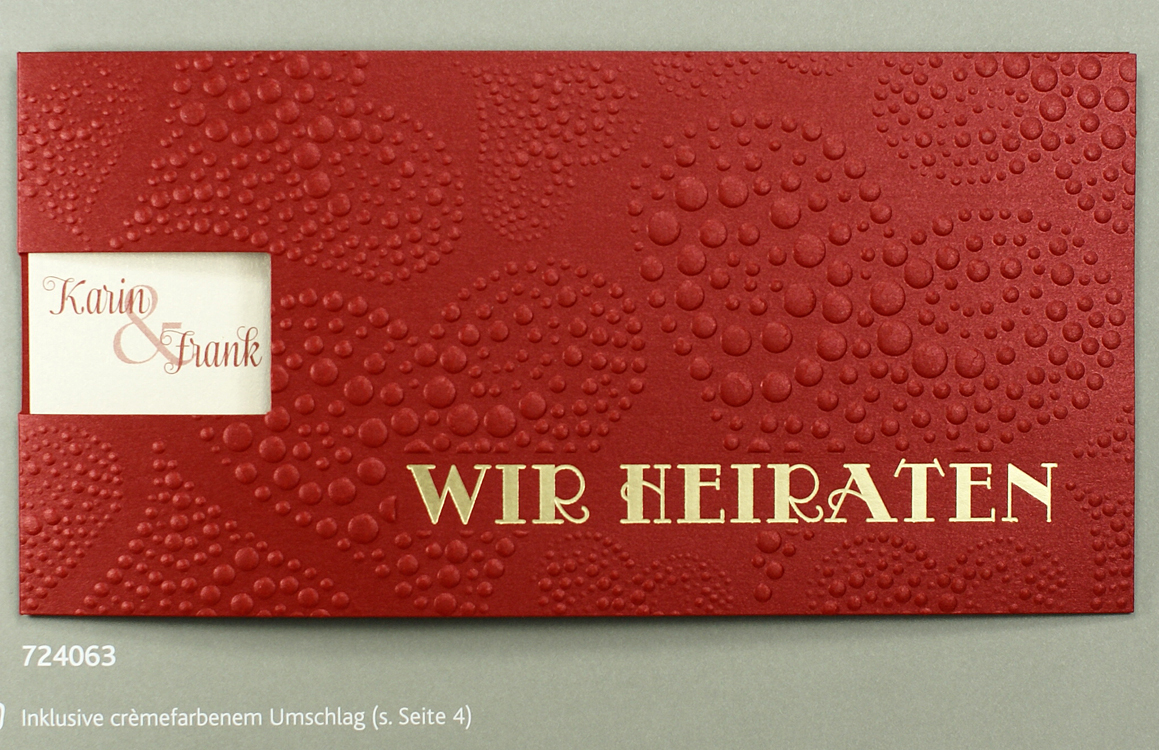 Hochzeitskarte rubinrot mit Herzrelief-Prägung und Einlegeblatt