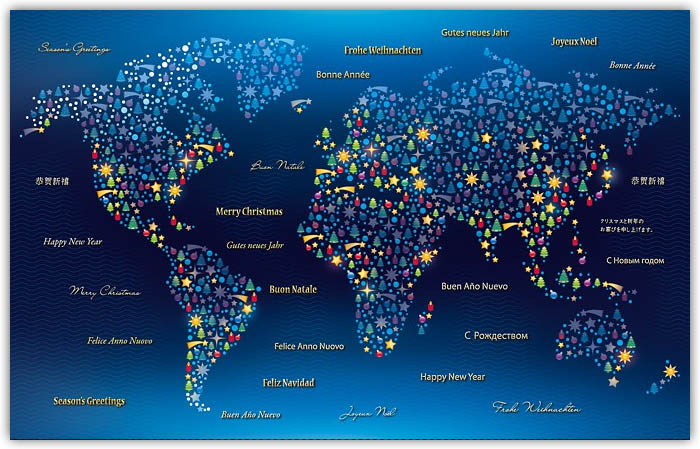 Dunkelblaue Weihnachtskarte mit internationalen Weihnachtsgrüßen, Weltkarte für Aerzte ohne Grenzen