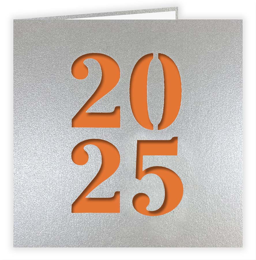 Neujahrskarte silber "Glamour" Metallic mit Jahreszahl 2025 Stanzung und orangenem Einlegeblatt