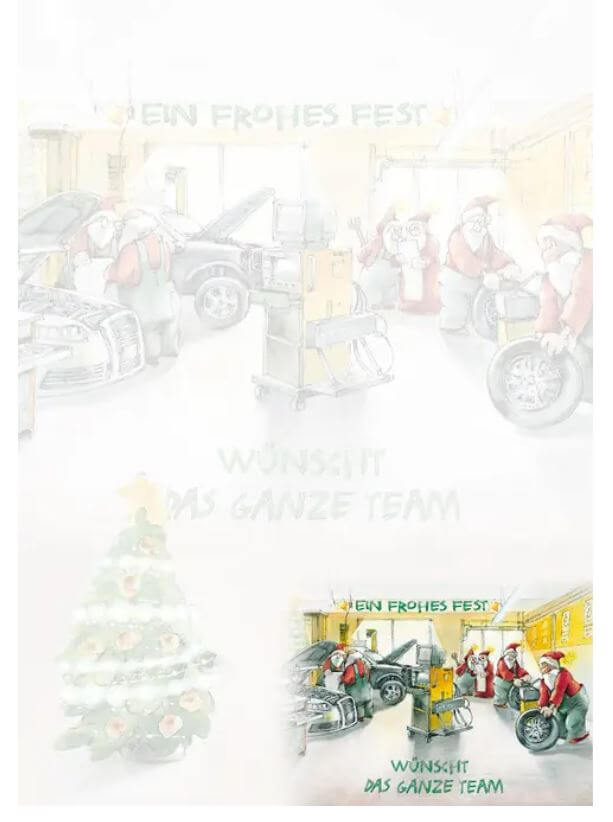 Lustiges Branchen-Weihnachtsbriefpapier für Autowerkstätten, KFZ-Reperatur und Autohaus