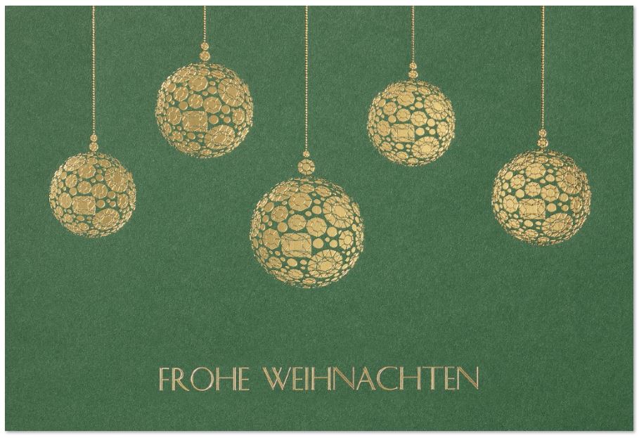 Grüne Weihnachtskarte mit goldenen Christbaumkugeln und Gruß "Frohe Weihnachten"