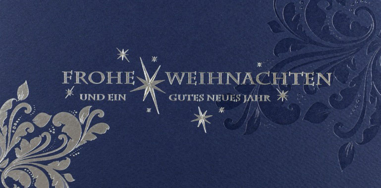 Weihnachtskarte blau mit Silberfolienprägung Ornament und Frohe Weihnachten