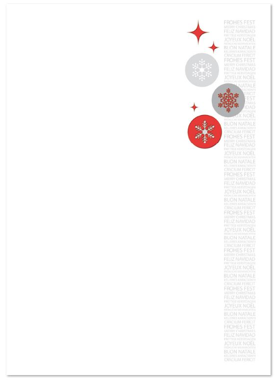 Internationale Weihnachtsbriefblätter mit Schneeflocken in Kugeln und roten Sternen, DIN A4