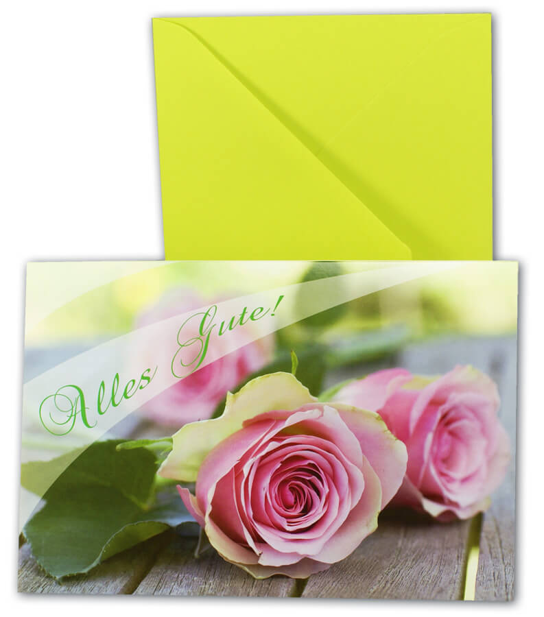 Glückwunschkarte mit Schriftzug "Alles Gute!" und Motivdruck rosa Rosenblüten und grünem Briefumschlag