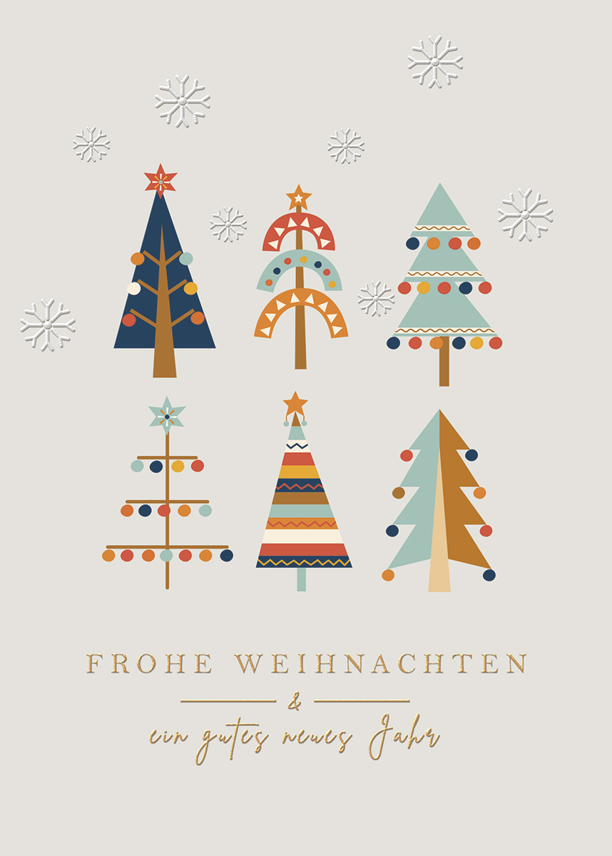 Moderne Weihnachtskarte mit bunt geschmückten Weihnachtsbäumen und "Frohe Weihnachten - Gutes neues Jahr"