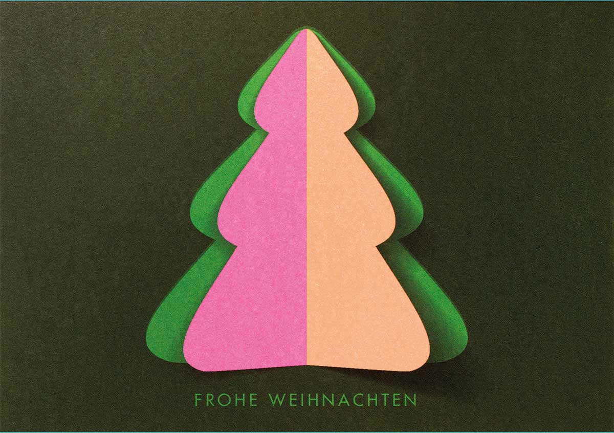 Ausgefallene Weihnachtskarte mit faltbarem Weihnachtsbaum in auffälligen Neonfarben