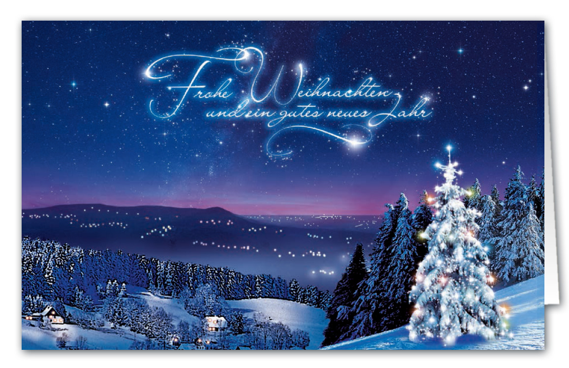 Dunkelblaue Weihnachtskarte mit Winterlandschaft und Blick aufs Tal zugunsten Ärzte ohne Grenzen e.V.