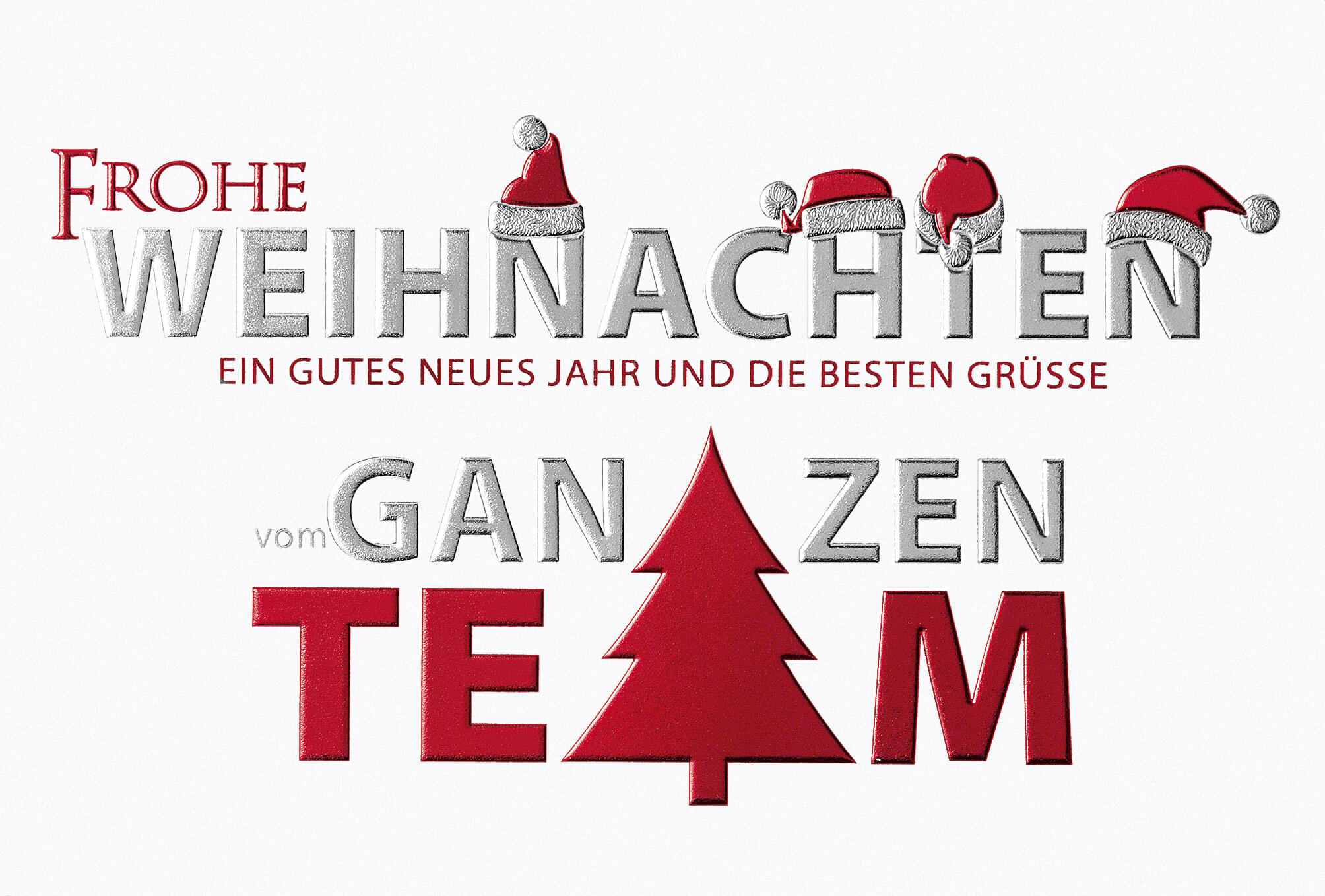 Geschäftliche Weihnachtskarte mit Rot- und Silberprägung mit Grüßen vom ganzen Team