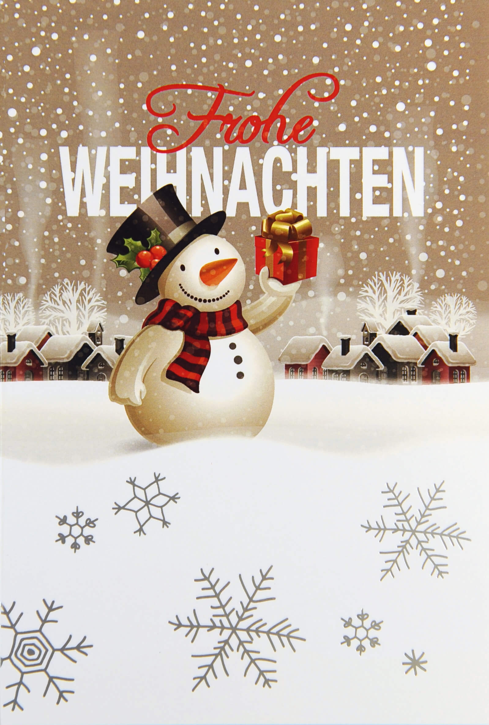 Fröhliche Weihnachtskarte mit Schneemann, Winterdorf und Eiskristallen in silber