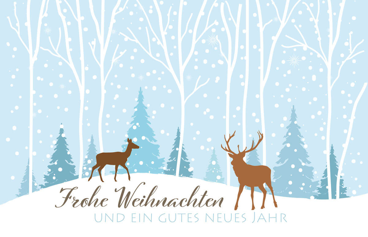 Winterliche Weihnachtskarte mit Weihnachtsgruß, Reh und prächtigem Hirsch im Wald