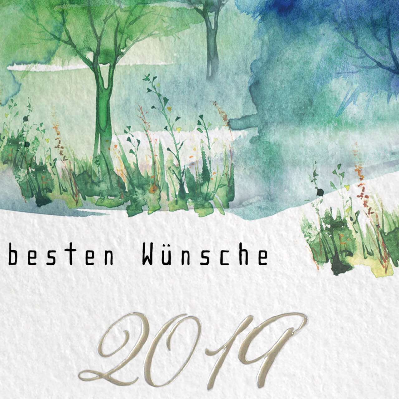 Detailansicht der Folienprägung 2019 und Aquarellmotiv mit Papierstruktur auf der Neujahrskarte