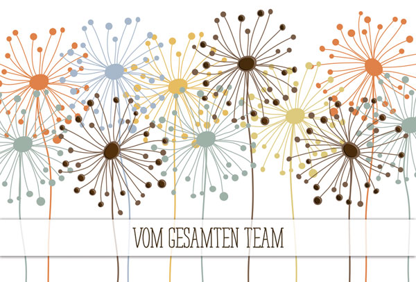 Grußkarte "vom gesamten Team" mit farbigem Blumenmuster und Kupferfolienprägung