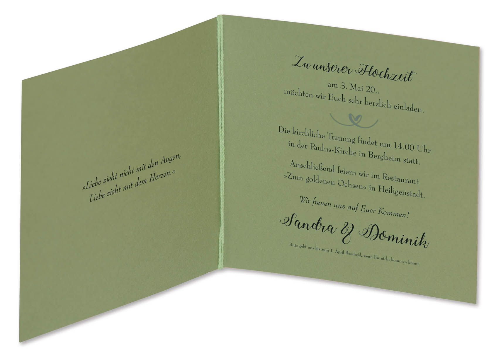 Hochzeitskarte mit grünem Einlegeblatt und Beispieltext für einen Einladungstext zur Hochzeit