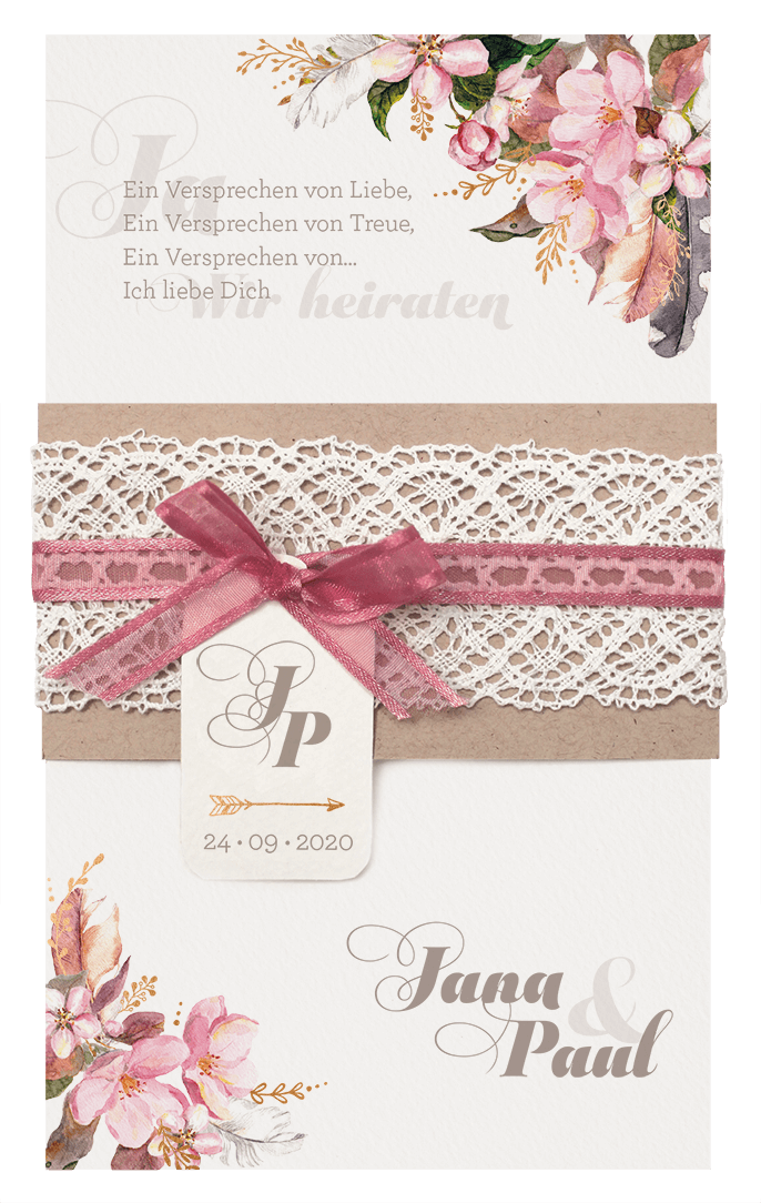 Hochzeitskarte mit zartem Blumenaquarell, Naturbanderole, Spitze und rosa Organzaband