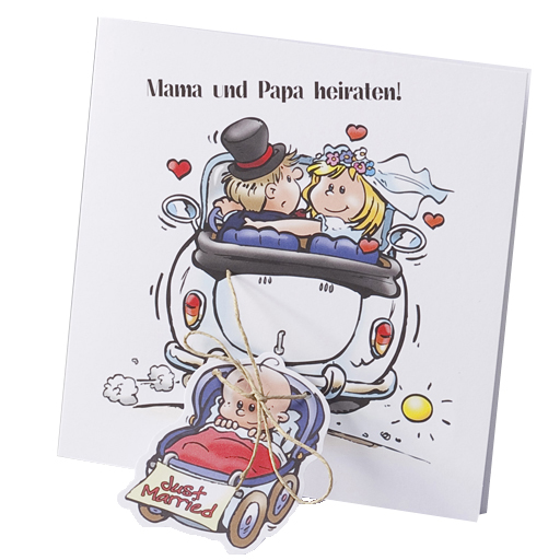 Einladungskarte zur Hochzeit mit Comic Brautpaar Kinderwagen