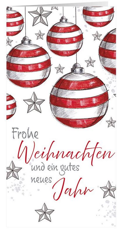 Weihnachtskarte DIN lang mit rot-weiß gestreiften Weihnachtskugeln, Gruß und Sternen