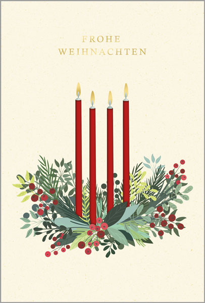 Weihnachtskarte mit Kerzen im floralen Gesteck, Weihnachtsgruß und Laserstanzung, Einleger dunkelrot