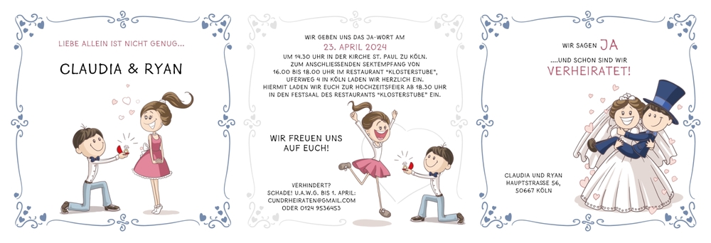 Lustige Zick-Zack Leporello Einladungskarte zur Hochzeit mit Hochzeitsantrag Comic Karikatur Geschichte