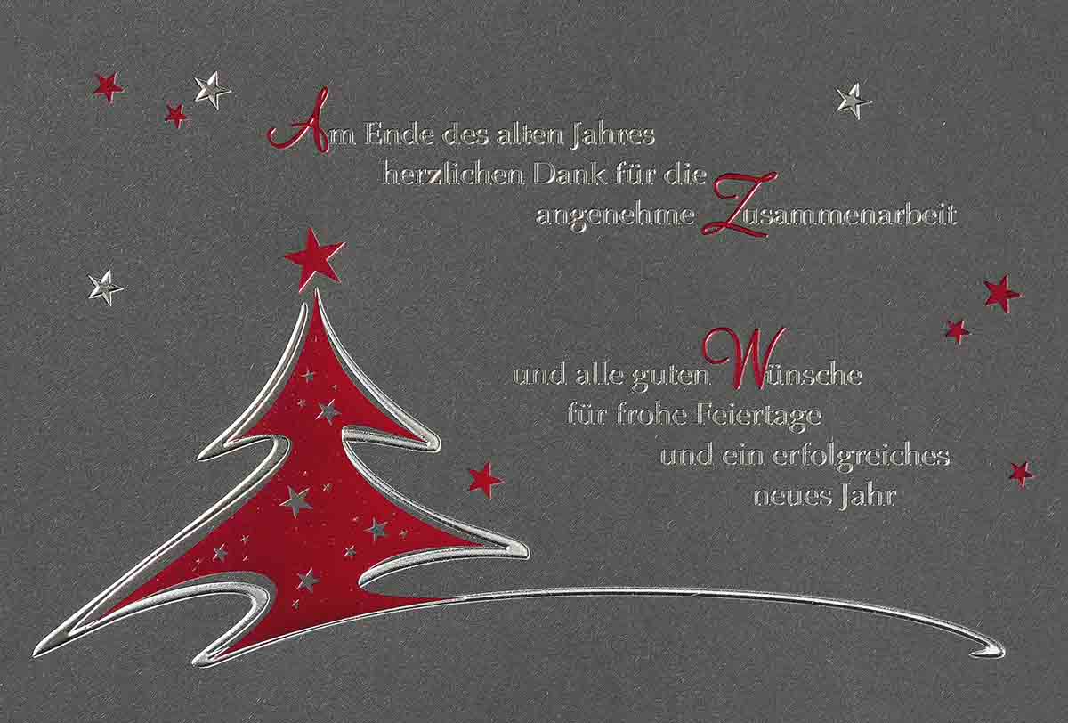 Graue Firmen-Weihnachtskarte mit rotem Baum und Sternen sowie geschäftlichen Grüßen