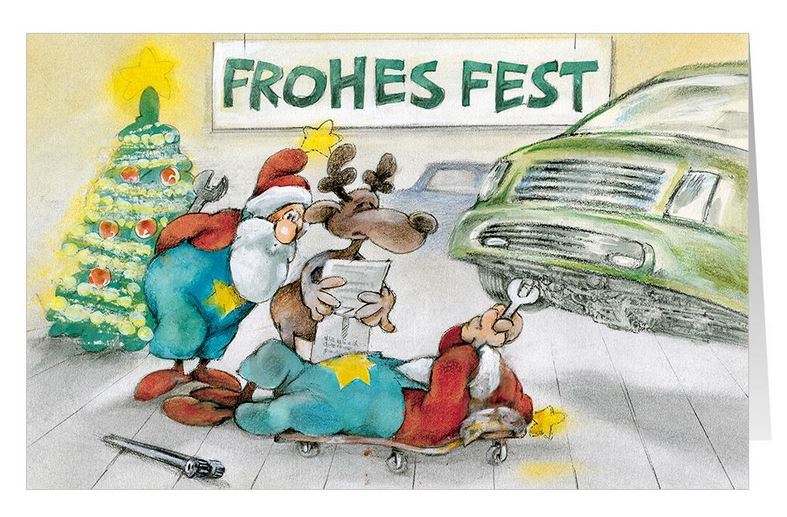 Lustige Branchenweihnachtskarte für KFZ-Reparatur, Autohaus und Auto-Instandsetzung mit "Frohes Fest"