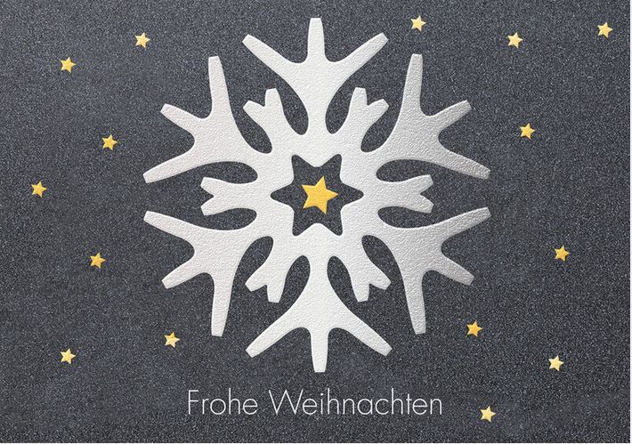 Elegante Weihnachtskarte in dunkelgrau mit silberner Schneeflocke und goldenen Sternen sowie Gruß